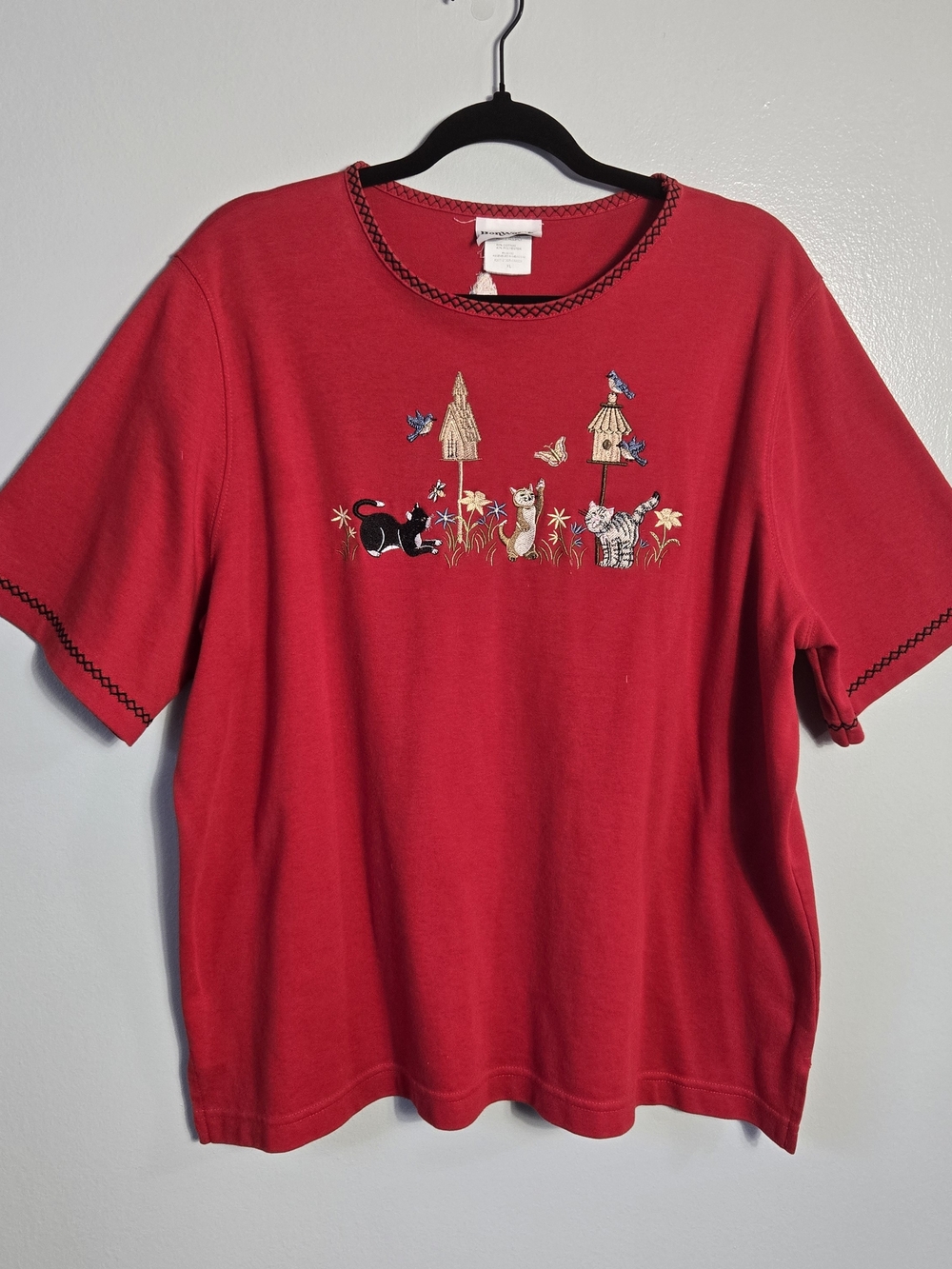 BonWorth Vintage Red Embroidered Cats Birdhouse Floral Short Sleeve Knit Top XL